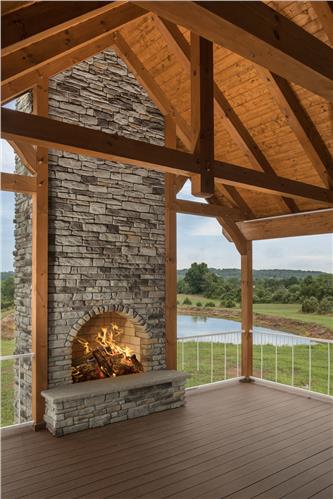 Timberhaven log home design, log home floor plan, Timber Frame Pavilion with Fireplace, Elevation